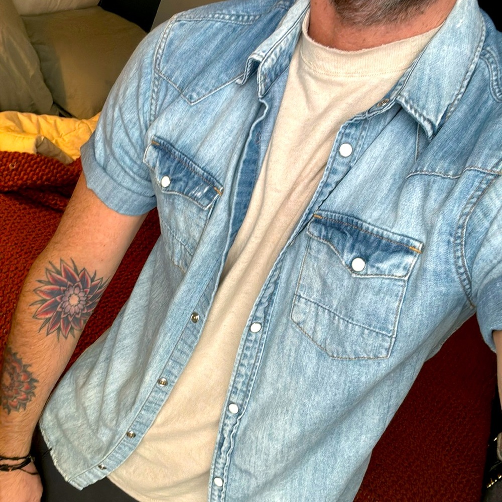All Saints denim short sleeve snap shirt